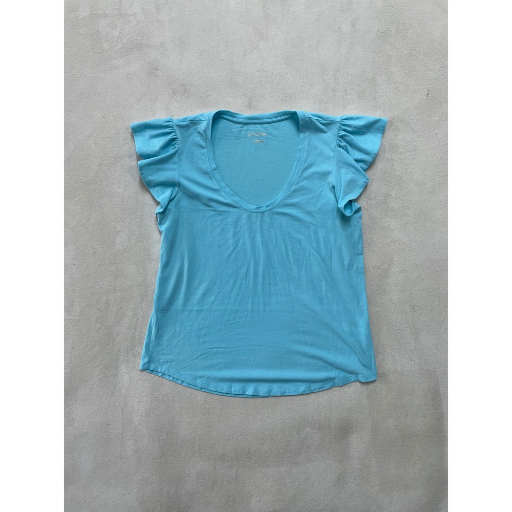 Lilly Pulitzer Etta V-Neck Ruffle Sleeve Top Blue Pima Cotton Modal Small 005656